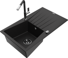 Mexen Cesar granite kitchen sink 1-bowl with drainer and Flora kitchen faucet, black - 6514-77-670401-07-B