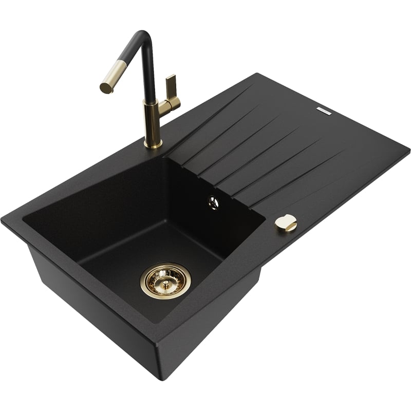 Mexen Cesar 1-bowl granite sink with drainer and Flora kitchen faucet, black - 6514-77-670401-57-G