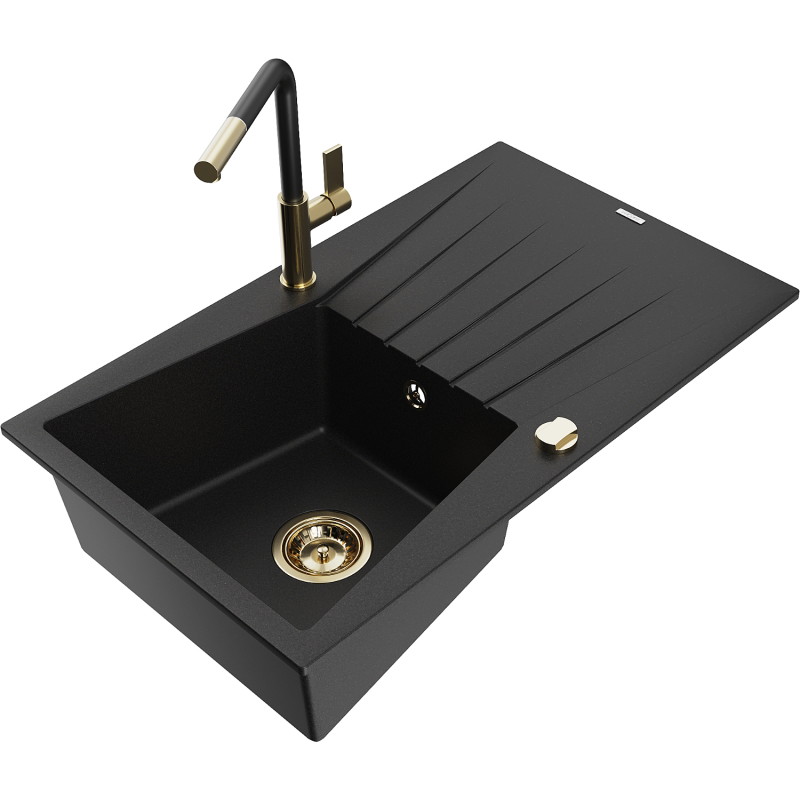 Mexen Cesar granite kitchen sink 1-bowl with drainer and Flora kitchen faucet, black - 6514-77-670401-57-G