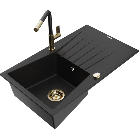 Mexen Cesar 1-bowl granite sink with drainer and Flora kitchen tap, black - 6514-77-670401-57-G