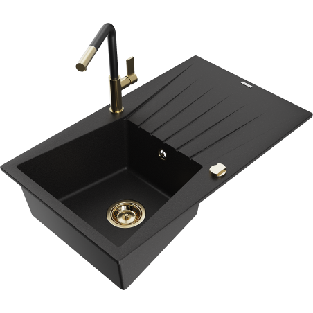 Mexen Cesar granite kitchen sink 1-bowl with drainer and Flora kitchen faucet, black - 6514-77-670401-57-G