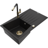 Mexen Cesar 1-bowl granite sink with drainer and Flora kitchen faucet, black - 6514-77-670401-57-G