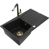 Mexen Cesar 1-bowl granite sink with drainer and Flora kitchen tap, black - 6514-77-670401-57-G