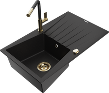 Mexen Cesar 1-bowl granite sink with drainer and Flora kitchen tap, black - 6514-77-670401-57-G