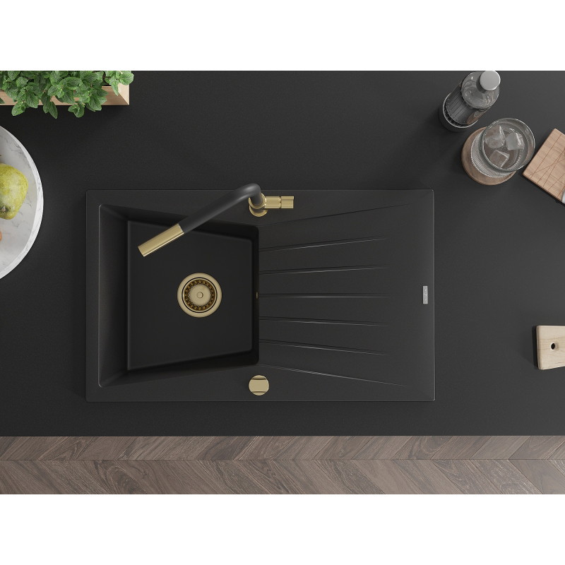 Mexen Cesar granite kitchen sink 1-bowl with drainer and Flora kitchen faucet, black - 6514-77-670401-57-G