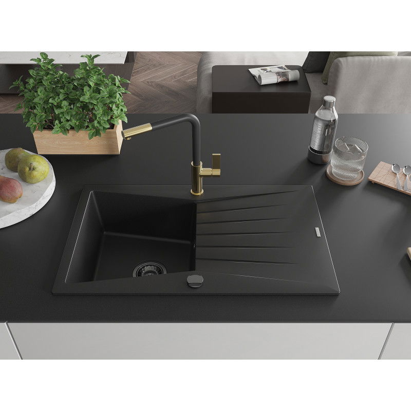 Mexen Cesar granite sink 1-bowl with drainer and Flora kitchen tap, black - 6514-77-670401-57-B