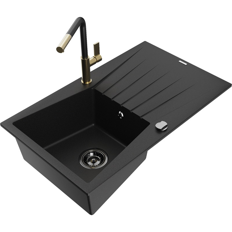 Mexen Cesar granite sink 1-bowl with drainer and kitchen faucet Flora, black - 6514-77-670401-57-B