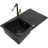 Mexen Cesar 1-bowl granite sink with drainer and Flora kitchen faucet, black - 6514-77-670401-57-B