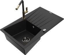 Mexen Cesar granite sink 1-bowl with drainer and Flora kitchen tap, black - 6514-77-670401-57-B
