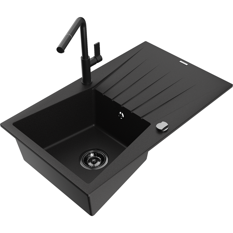 Mexen Cesar 1-compartment granite sink with a drip tray and kitchen mixer tap Flora, Black - 6514-77-670401-70-B