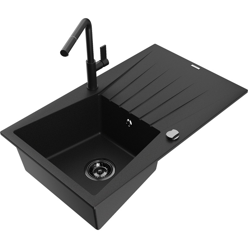 Mexen Cesar granite kitchen sink 1-bowl with drainer and Flora kitchen faucet, black - 6514-77-670401-70-B