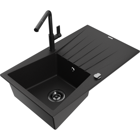 Mexen Cesar 1-bowl granite sink with drainer and Flora kitchen faucet, black - 6514-77-670401-70-B