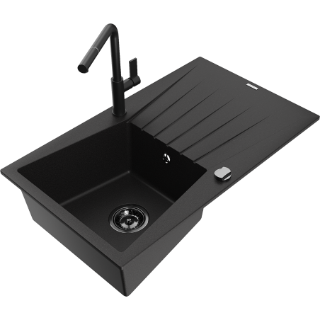 Mexen Cesar granite kitchen sink 1-bowl with drainer and Flora kitchen faucet, black - 6514-77-670401-70-B