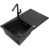 Mexen Cesar 1-bowl granite sink with drainer and Flora kitchen faucet, black - 6514-77-670401-70-B