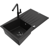 Mexen Cesar 1-compartment granite sink with a drip tray and kitchen mixer tap Flora, Black - 6514-77-670401-70-B