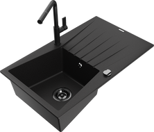 Mexen Cesar granite sink 1-bowl with drainer and Flora kitchen tap, black - 6514-77-670401-70-B