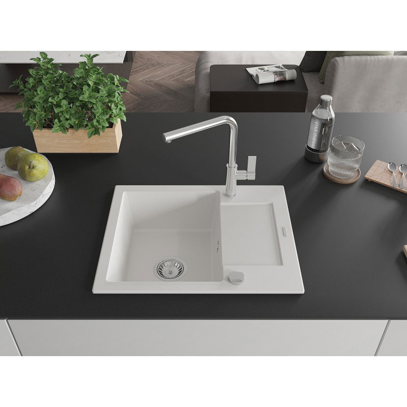 Mexen Enzo single-basin granite sink with drainer and Flora kitchen tap, white - 6506-20-670401-00