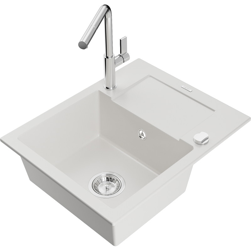 Mexen Enzo 1-bowl granite sink with drainer and Flora kitchen faucet, white - 6506-20-670401-00