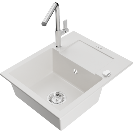 Mexen Enzo 1-compartment granite sink with a drip tray and kitchen mixer tap Flora, White - 6506-20-670401-00