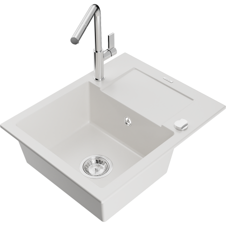 Mexen Enzo single-basin granite sink with drainer and Flora kitchen tap, white - 6506-20-670401-00