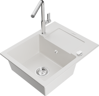 Mexen Enzo 1-bowl granite sink with drainer and Flora kitchen faucet, white - 6506-20-670401-00