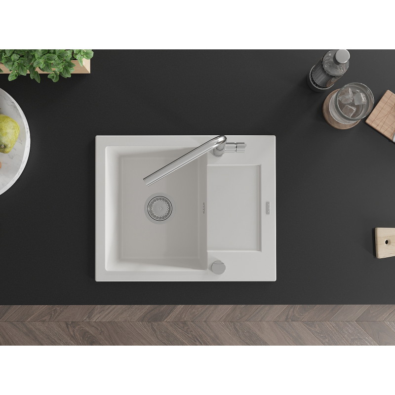 Mexen Enzo 1-bowl granite sink with drainer and Flora kitchen faucet, white - 6506-20-670401-00