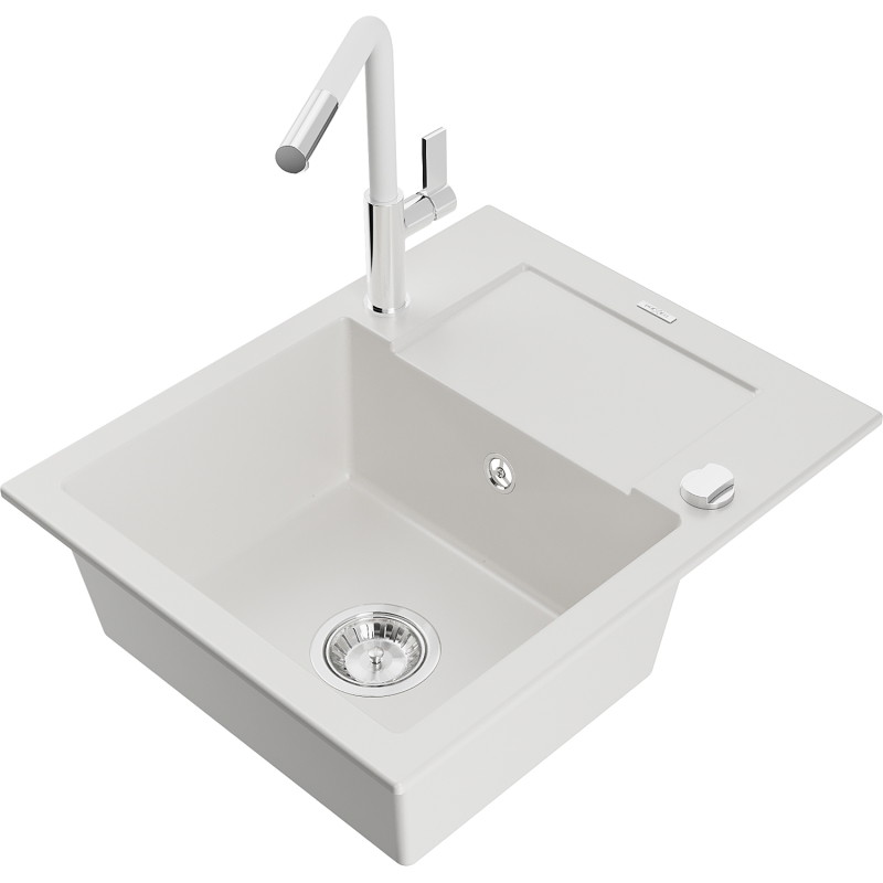 Mexen Enzo 1-bowl granite sink with drainer and kitchen faucet Flora, white - 6506-20-670401-02