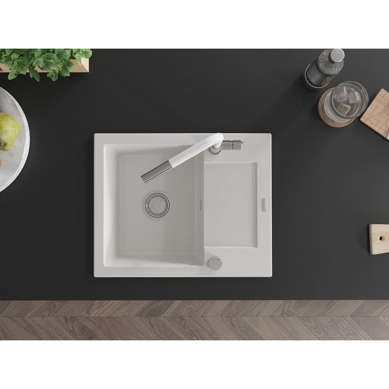 Mexen Enzo 1-bowl granite sink with drainer and kitchen faucet Flora, white - 6506-20-670401-02