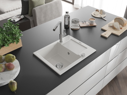Mexen Enzo granite kitchen sink single-bowl with drainer and Flora kitchen faucet, white - 6506-20-670401-06