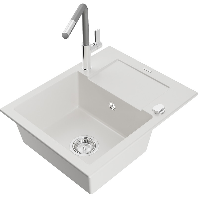 Mexen Enzo 1-bowl granite sink with drainer and Flora kitchen faucet, white - 6506-20-670401-06