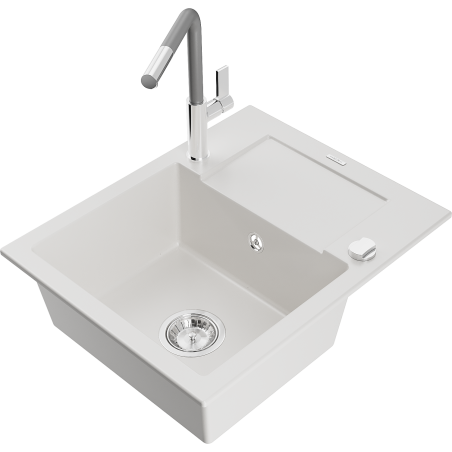 Mexen Enzo 1-bowl granite sink with drainer and Flora kitchen faucet, white - 6506-20-670401-06