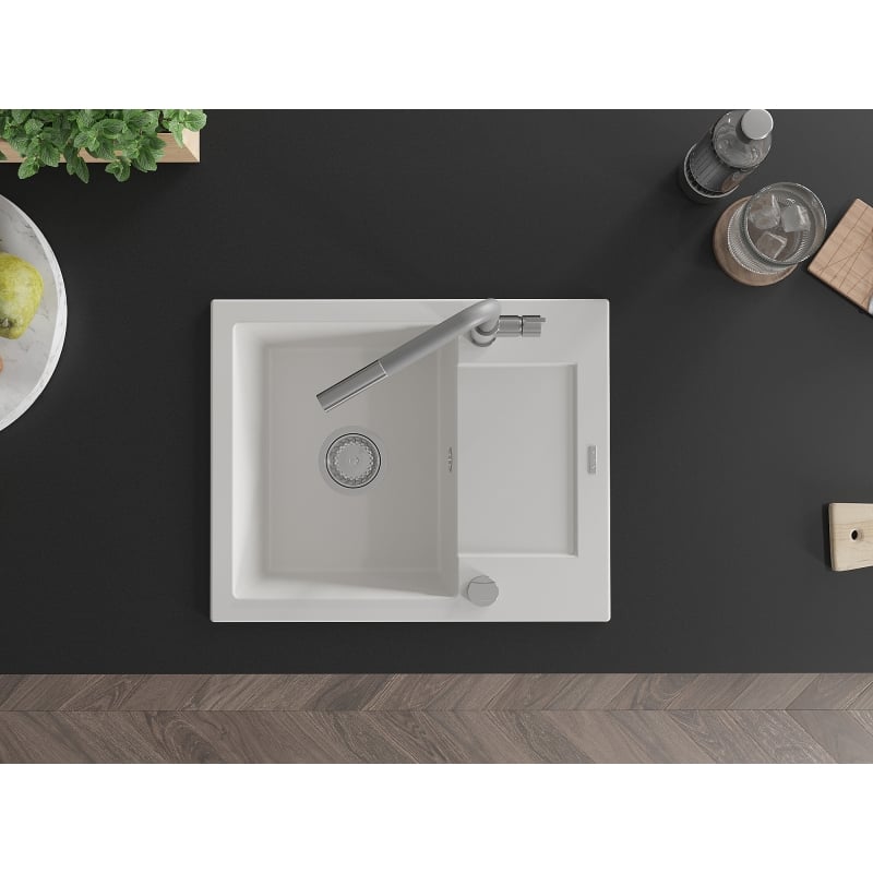 Mexen Enzo 1-bowl granite sink with drainer and Flora kitchen faucet, white - 6506-20-670401-06