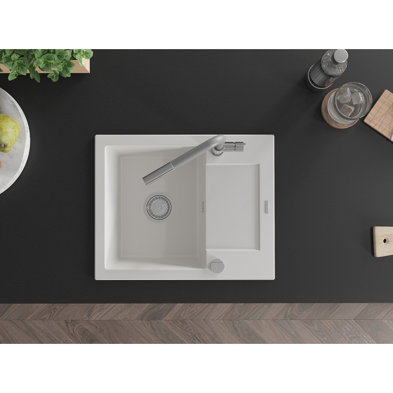 Mexen Enzo granite kitchen sink single-bowl with drainer and Flora kitchen faucet, white - 6506-20-670401-06