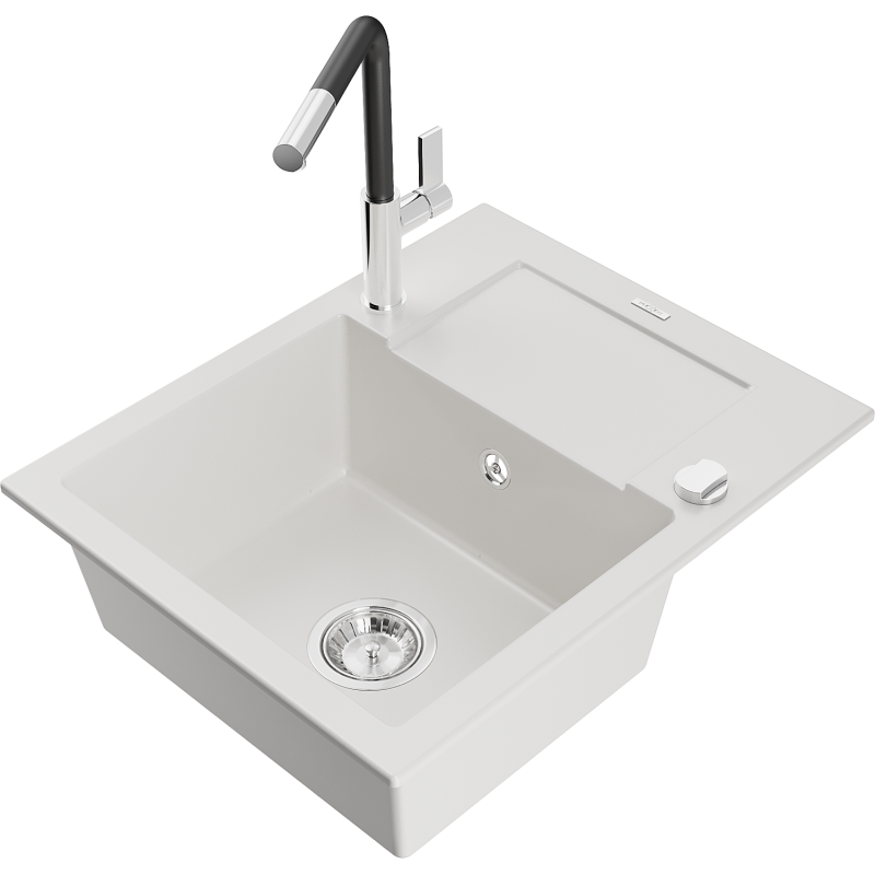 Mexen Enzo 1-compartment granite sink with a drip tray and kitchen mixer tap Flora, White - 6506-20-670401-07