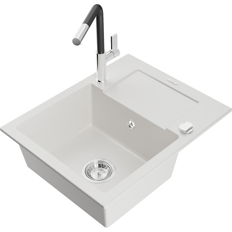 Mexen Enzo granite sink 1-bowl with drainer and kitchen faucet Flora, white - 6506-20-670401-07