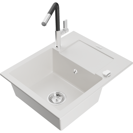 Mexen Enzo 1-compartment granite sink with a drip tray and kitchen mixer tap Flora, White - 6506-20-670401-07