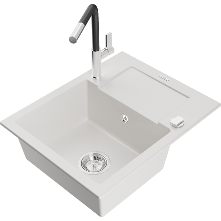 Mexen Enzo granite sink 1-bowl with drainer and kitchen faucet Flora, white - 6506-20-670401-07