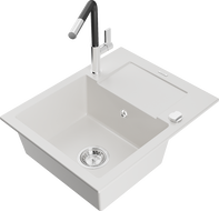 Mexen Enzo 1-compartment granite sink with a drip tray and kitchen mixer tap Flora, White - 6506-20-670401-07