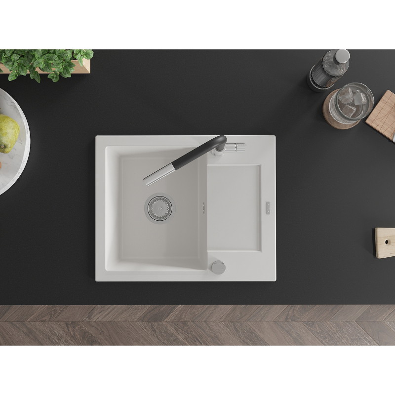 Mexen Enzo granite sink 1-bowl with drainer and kitchen faucet Flora, white - 6506-20-670401-07