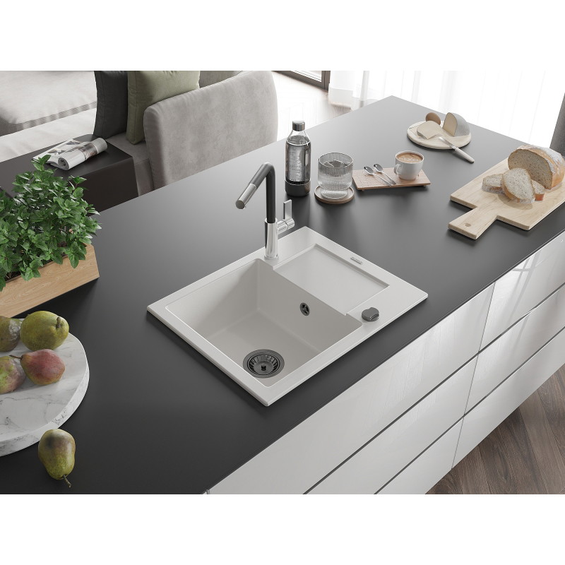 Mexen Enzo granite kitchen sink 1-bowl with drainer and Flora kitchen faucet, white - 6506-20-670401-07-B