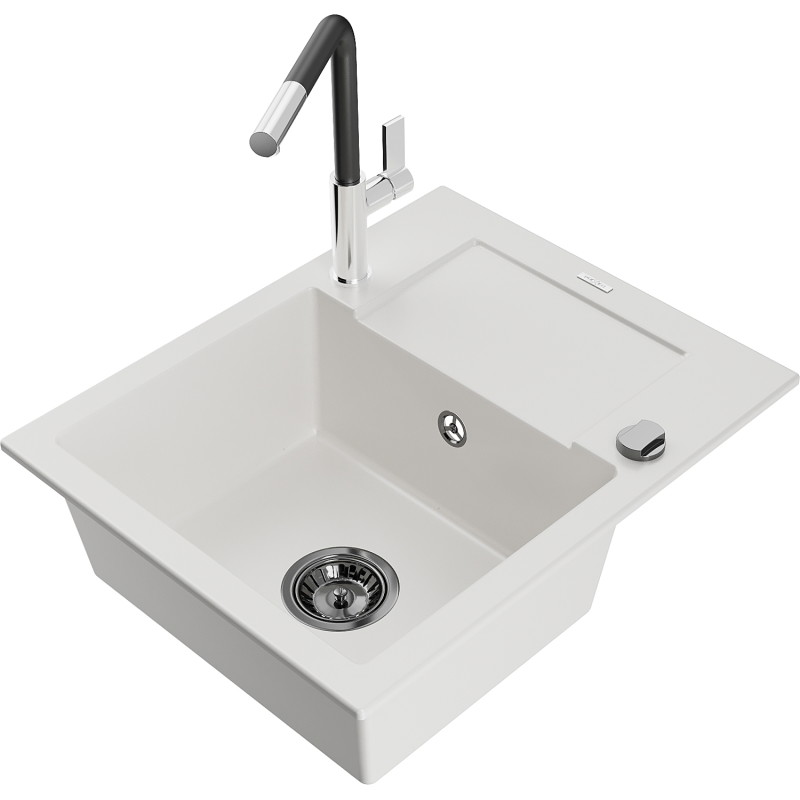 Mexen Enzo granite kitchen sink 1-bowl with drainer and Flora kitchen faucet, white - 6506-20-670401-07-B