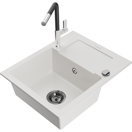 Mexen Enzo 1-bowl granite sink with drainer and Flora kitchen tap, white - 6506-20-670401-07-B
