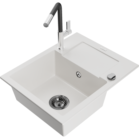 Mexen Enzo granite kitchen sink 1-bowl with drainer and Flora kitchen faucet, white - 6506-20-670401-07-B