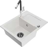 Mexen Enzo 1-compartment granite sink with a drip tray and kitchen mixer tap Flora, White - 6506-20-670401-07-B