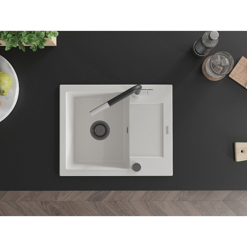 Mexen Enzo 1-bowl granite sink with drainer and Flora kitchen tap, white - 6506-20-670401-07-B