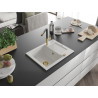Mexen Enzo granite kitchen sink 1-bowl with drainer and Flora kitchen faucet, white - 6506-20-670401-57-G