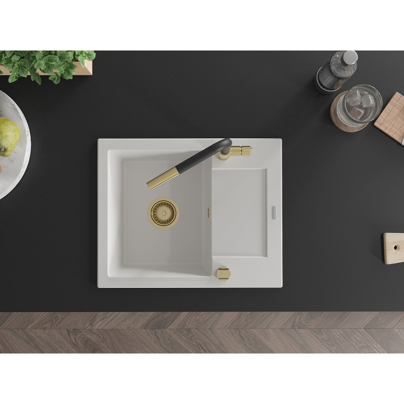 Mexen Enzo granite kitchen sink 1-bowl with drainer and Flora kitchen faucet, white - 6506-20-670401-57-G