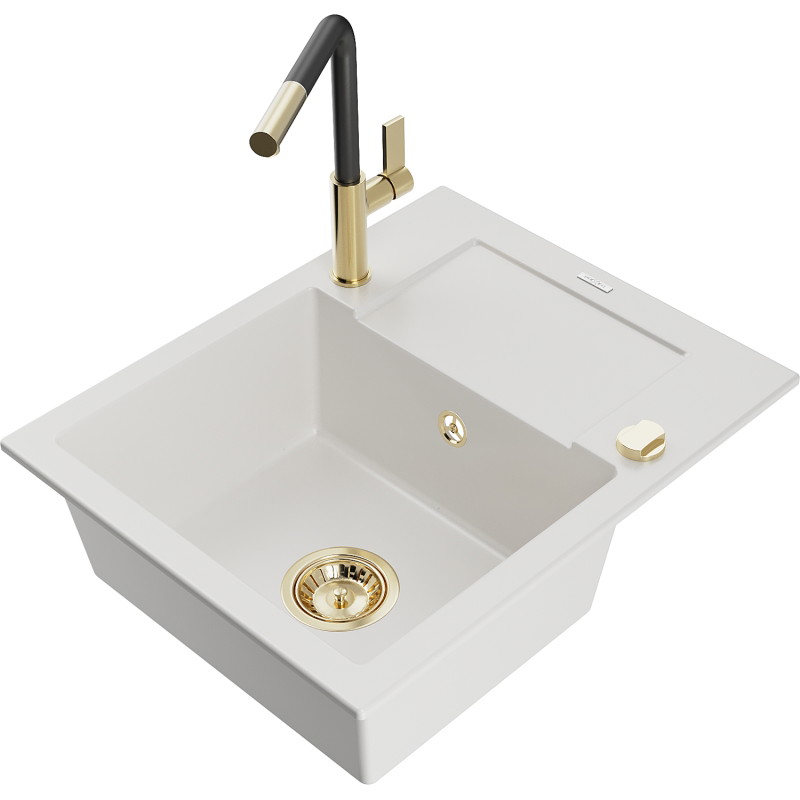 Mexen Enzo granite kitchen sink 1-bowl with drainer and Flora kitchen faucet, white - 6506-20-670401-57-G
