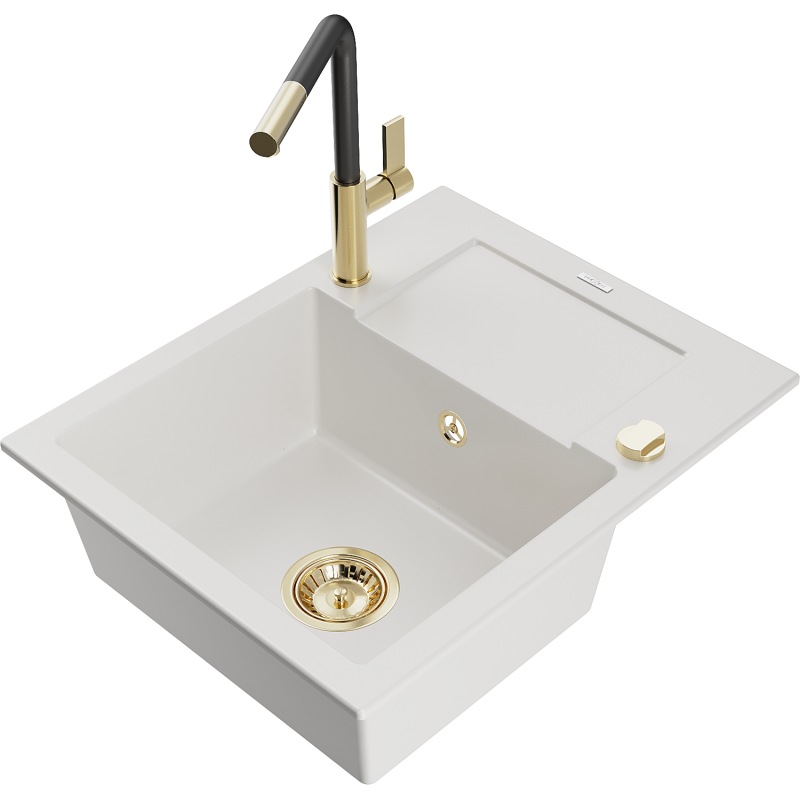 Mexen Enzo Granite Sink 1-Bowl with Drainer and Kitchen Tap Flora, White - 6506-20-670401-57-G