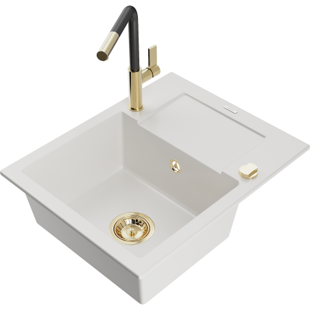 Mexen Enzo granite kitchen sink 1-bowl with drainer and Flora kitchen faucet, white - 6506-20-670401-57-G